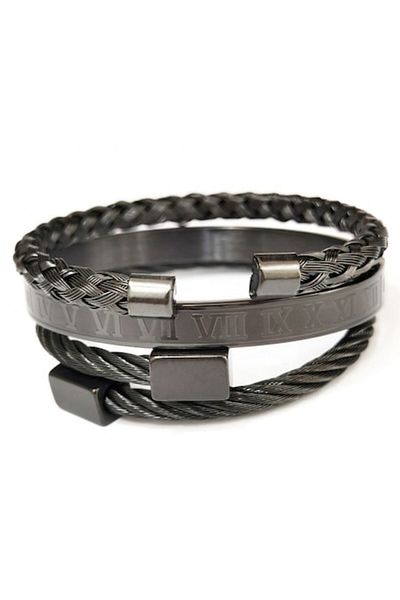 xUPING Set de 3 brățări din oțel inoxidabil placate cu aur de 18k, cifre romane de lux, negre