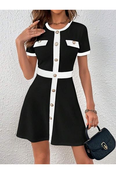 Masspera Crew Neck Short Sleeve Button Pocket Detail Double Color Mini Dress