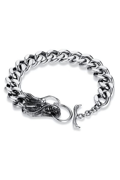 xUPING Brățară cubaneză cu model de dragon, oțel inoxidabil, argint, 13 mm, 21 cm