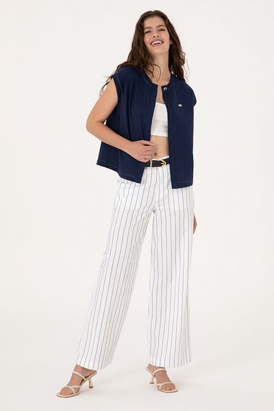 U.S. Polo Assn. Women's White Striped Loose Fit Canvas Trousers 50300265-Vr013