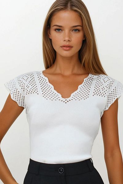 VAGGON Women's White Front and Back V-Neck Hole Openwork Knitwear Blouse Vs00265
