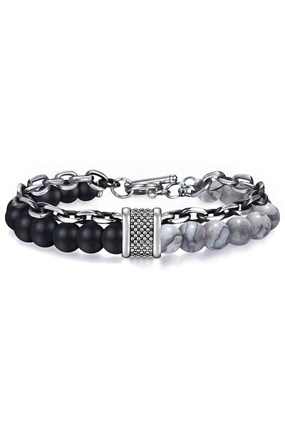 xUPING Double men's bracelet made of semi-precious stone and stainless steel, white agate