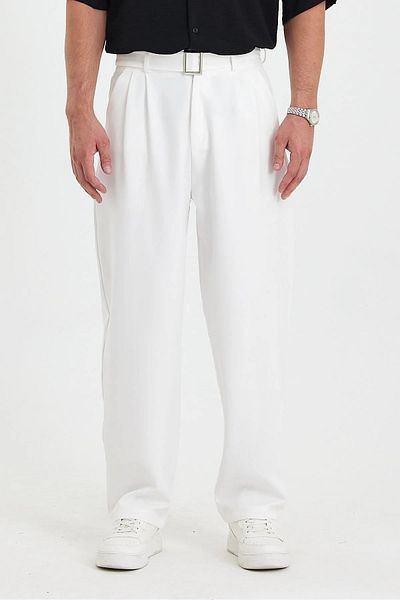 Gray Clothing Summer Pleated Baggy Fit Pocket Belt Buckle Men's Fabric Trousers White