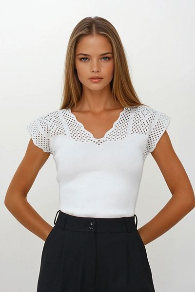 VAGGON Women's White Front and Back V-Neck Hole Openwork Knitwear Blouse Vs00265