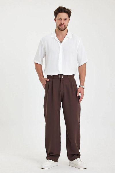 Gray Clothing Summer Pleated Baggy Fit Pocket Belt Buckle Men's Fabric Trousers Brown
