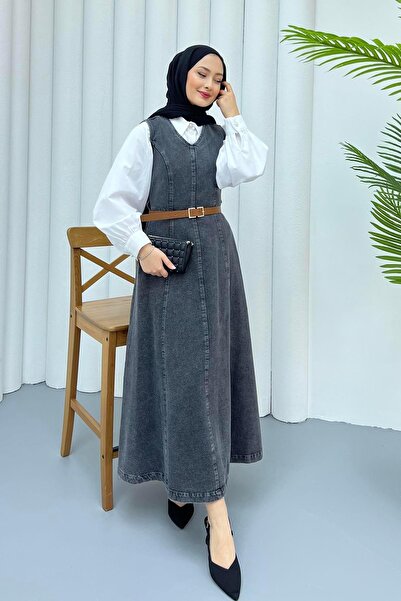 Modaensarbutik Nervül Dikişli Kemerli Denim Jile-ANTRASİT