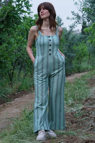 Defne&Apollon İpekçilik Hand-Woven Striped Jumpsuit Linen-Cotton - Water Green