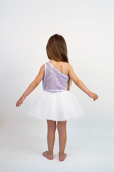 DUCA KIDS Single Sleeve, Bow Detail Glitter Sequin Crop and Colorful Waist Elastic Tulle Skirt Two Piece Set