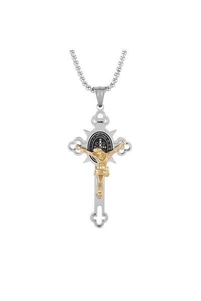 Tessero Men's necklace with cross-shaped pendant featuring Jesus Christ, stainless steel, gold plated, Tesse