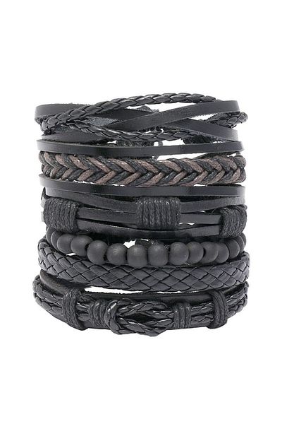 Tessero Set 6 bracelets with multiple layers of leather, adjustable size, braided design, black