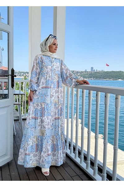 Aselim Hijap Moda Καλοκαιρινό φόρεμα με έθνικ σχέδιο |   Μπλε με κουμπιά και άνετη εφαρμογή
