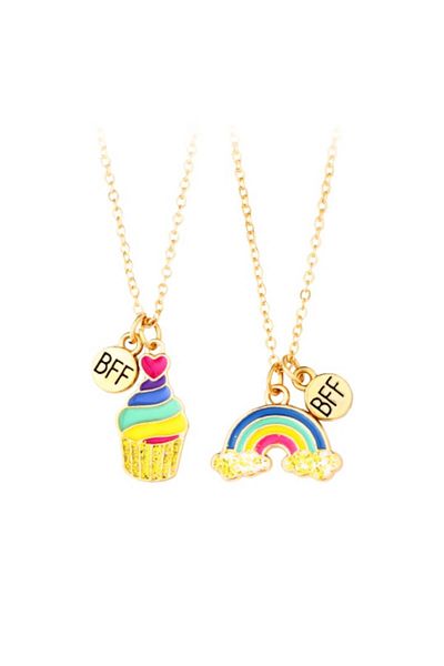 Tessero Set of Two Necklaces with Magnet for Friends, BFF, Model in Shape of Cupcake and Rainbow, Charms wit