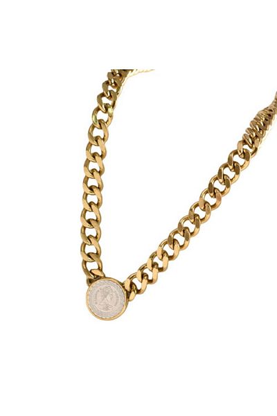 xUPING Cuban Chain Necklace with Coin Pendant, 18K Gold Plated, Gold