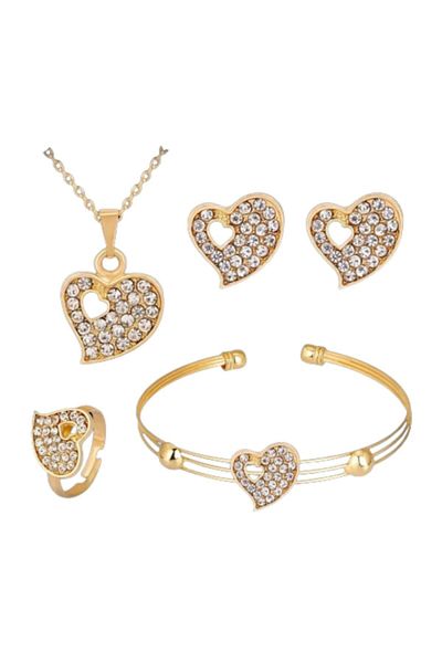 Tessero Women's jewelry set, necklace, earrings, bracelet and ring, adjustable size, heart pattern, plated with