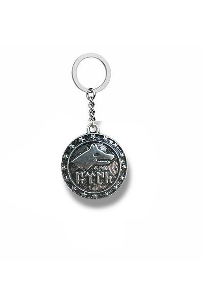 Herşey Nota Metal Keychain with Gray Wolf Figure – Silver Color Unisex Accessory