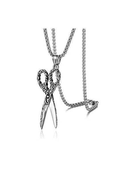 Tessero - Lanț cu design cubic și pandantiv în formă de foarfecă, placat cu argint, unisex, argintiu