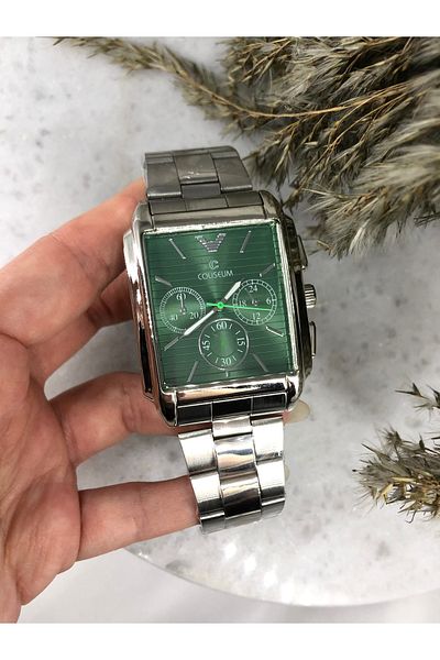 Mazzy Rectangular Inside Green Silver Men's Wrist Watch