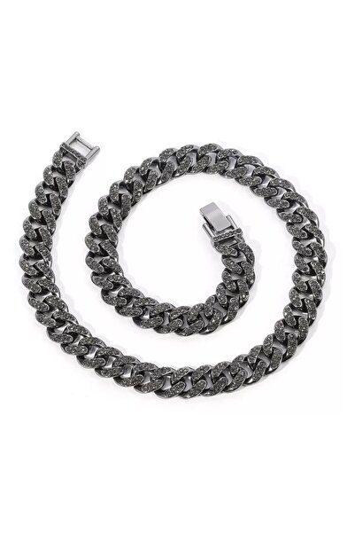 Tessero - Colier cubanez cu pietre de zirconiu negru, închidere cu clip, 45 cm, negru