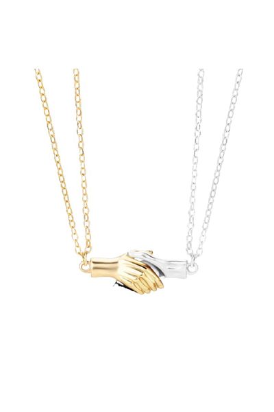 xUPING Set of two necklaces with handshake magnet pendant for couples, friends, silver and gold