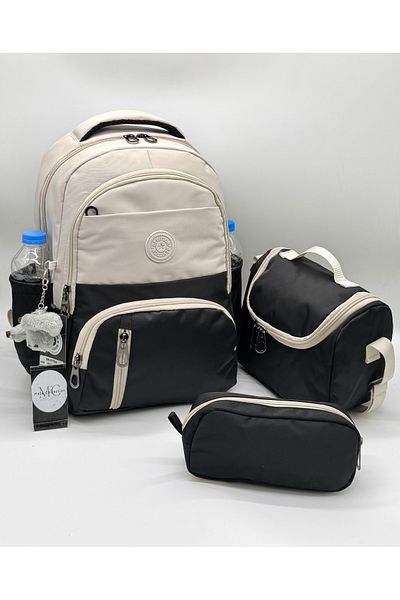 MegiHero First School Bag Set of 3 Unisex Children's Primary School Bag Mtc-8010 Beige-Black