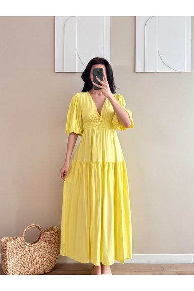 MODA Balloon Sleeve V-Neck Summer Maxi Dress Yellow Color