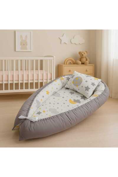 JULYA KİDS سرير نوم للأطفال من جانب الأم Babynest محمول بنمط غائم من عمر 0 ​​إلى 24 شهرًا باللون الرمادي