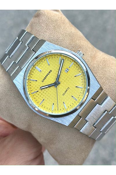 pierrose Silver Steel Cord Yellow Dial Men's Wrist Watch with Calendar