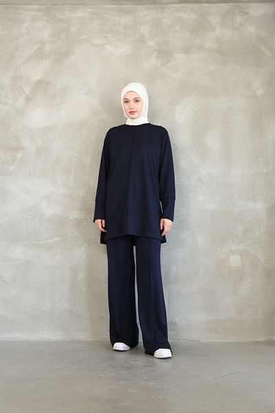 vesantia Çimalı Women's Navy Blue Hijab Double Set – Viscose Blended Tunic & Wide Leg Pants