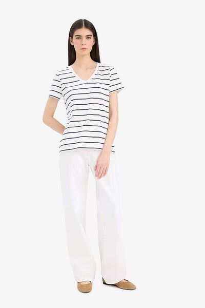 DeFacto Relax Fit V Neck Striped Short Sleeve T-Shirt C7588Ax25Sp