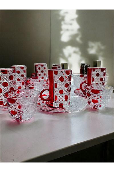 AYZ HOME Cut Glass Double Color Tea and Mirra Set - Arabic Coffee Set Tea Set 18 Pieces for 6 People