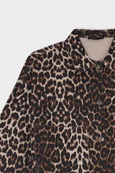 DeFacto Cămașă oversize cu mânecă lungă din gabardină cu model leopard și buzunare D7516AX24AU