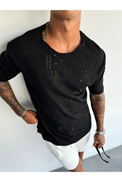 FıttingRoom Oversize Delikli Siyah Triko Tshirt