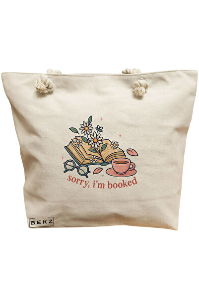 BEKZ Τσάντα Θαλάσσης, μοντέλο Sorry I'm Booked, 40x51 εκ., Κρεμ, BEKZ®