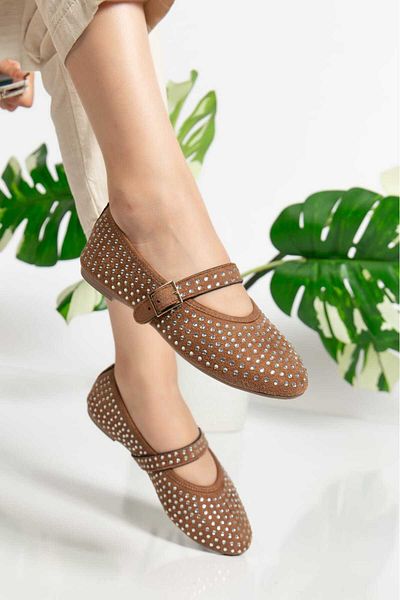 Lolo Life Caren Velvet Fabric with Silver Staple Detail Ankle Strap Women's Ballerinas - 0300