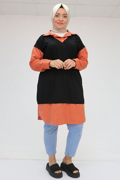 Eslina 58069 Plus Size Tunik with Padded Vest Look - Black-Tile