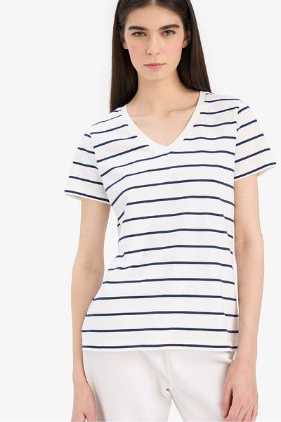DeFacto Relax Fit V Neck Striped Short Sleeve T-Shirt C7588Ax25Sp