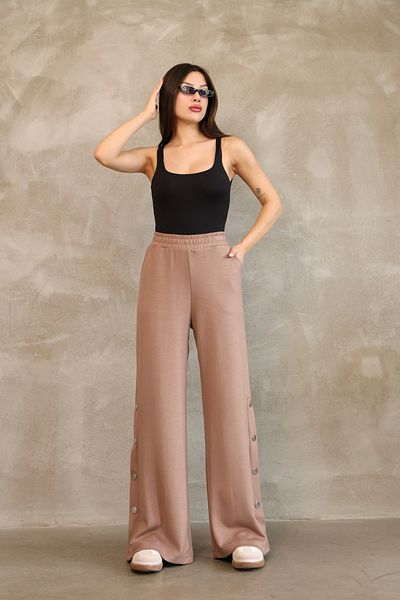 vesantia Women's Brown Seasonal Wide Leg Trousers – Elastic Waist, Stylish Button Detail