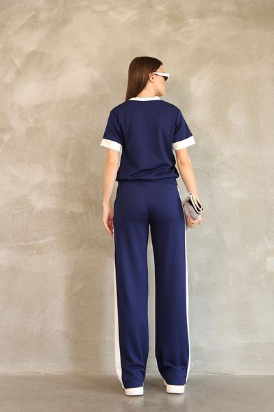 vesantia Women's Navy Blue Cotton Double Stripe Tracksuit Set – Straight Leg Bottom, Comfortable Top