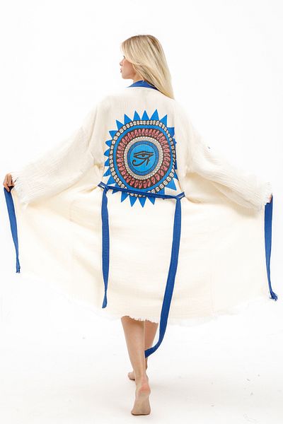 Befera Design Muslin Kimono 100% Cotton Eye of Horus Printed Patterned Bathrobe Kaftan Dressing Gown