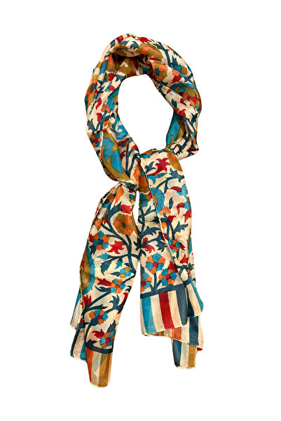 MODA Nûda - Hint İpeği Şal Desen Fular Turkuaz-Gold-Krem