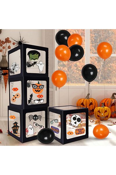 Fennoralplus Set of 4 boxes with 20 balloons and 22 stickers for Halloween Fennoral, paper/latex, orange/black