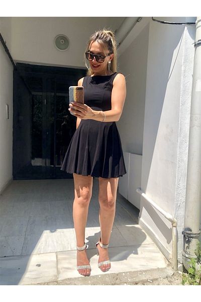 Gözde Tasarım Butik Women's Black Color Halter Cut Pleated Bell Sleeveless Mini Short Dress