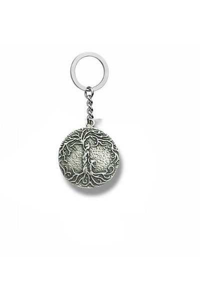 Herşey Nota Tree of Life Keychain with Mother and Child Figures – Silver Color Unisex Metal Accessory
