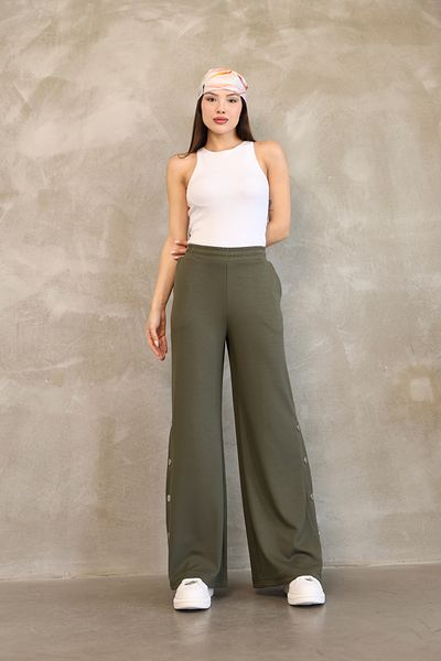 vesantia Women's Khaki Seasonal Wide Leg Trousers – Elastic Waist, Stylish Button Detail
