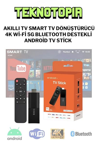 Teknotopia 4K Android Tv Stick 2Gb+16Gb Wifi Bluetooth Smart Media Player Smart Tv Box