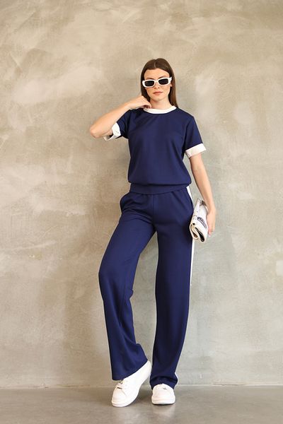 vesantia Women's Navy Blue Cotton Double Stripe Tracksuit Set – Straight Leg Bottom, Comfortable Top