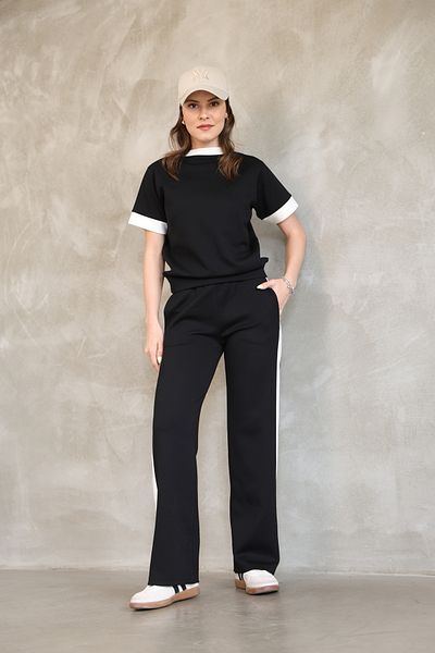 vesantia Women's Black Cotton Double Stripe Tracksuit Set – Straight Leg Bottom, Comfortable Top