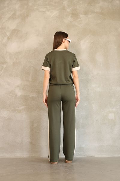 vesantia Women's Khaki Cotton Double Stripe Tracksuit Set – Straight Leg Bottom, Comfortable Top