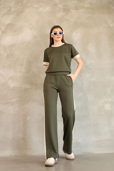 vesantia Women's Khaki Cotton Double Stripe Tracksuit Set – Straight Leg Bottom, Comfortable Top