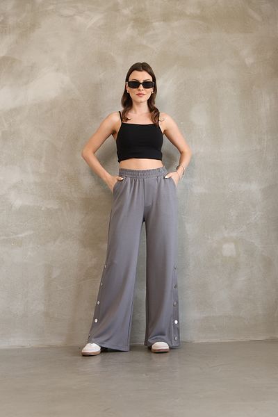 vesantia Women's Gray Seasonal Wide Leg Trousers – Elastic Waist, Stylish Button Detail